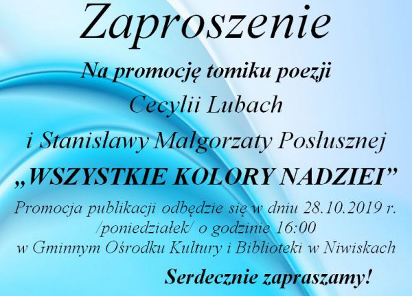 zdjęcie do
													 artykułu Zaproszenie na promocję tomiku poezji Cecylii Lubach i Stanisławy Małgorzaty Posłusznej