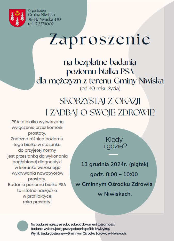 Bezpłatne badania poziomu białka PSA dla mężczyzn z terenu Gminy Niwiska