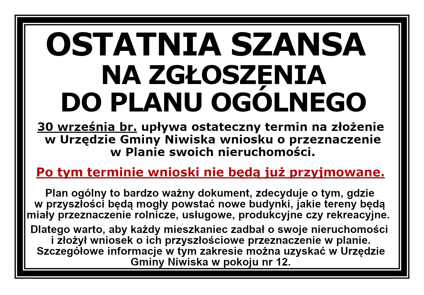 Ogłoszenie plan ogólny Gminy Niwiska