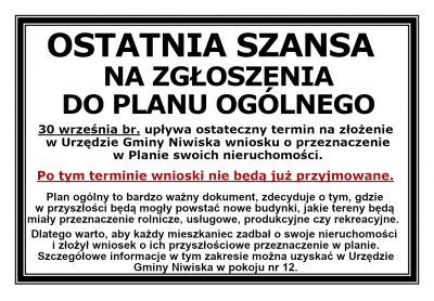 zdjęcie wprowadzające do artykułu: OSTATNIA SZANSA NA ZGŁOSZENIA DO PLANU OGÓLNEGO