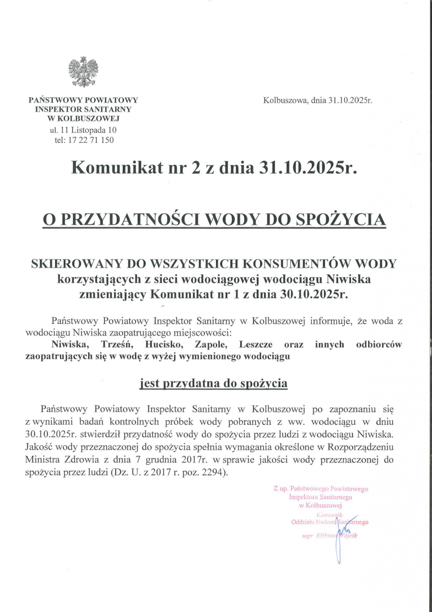 Komunikat nr 2 z dnia 31.10.2025r. o PRZYDATNOŚCI WODY DO SPOŻYCIA!!