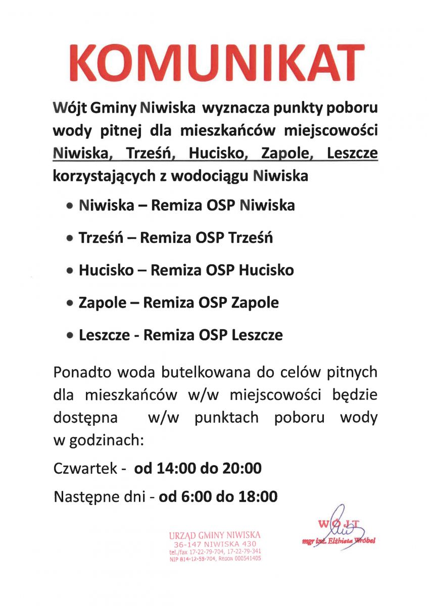komunikat punkty poboru wody pitnej