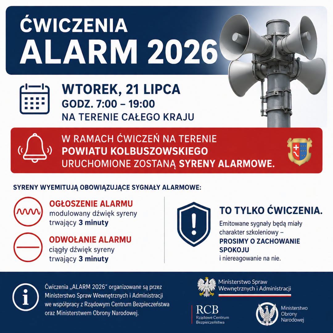 Ćwiczenia ,,ALARM 2026" – uruchomienie syren alarmowych na terenie powiatu kolbuszowskiego