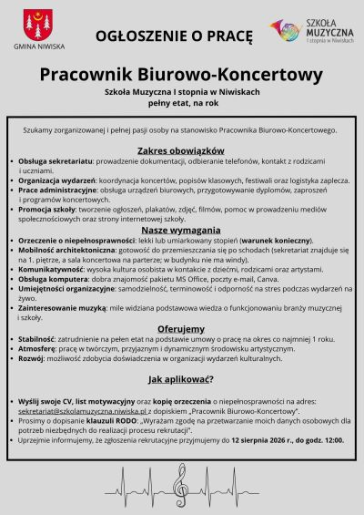 zdjęcie wprowadzające do artykułu: OGŁOSZENIE O PRACĘ - Pracownik Biurowo-Koncertowy,