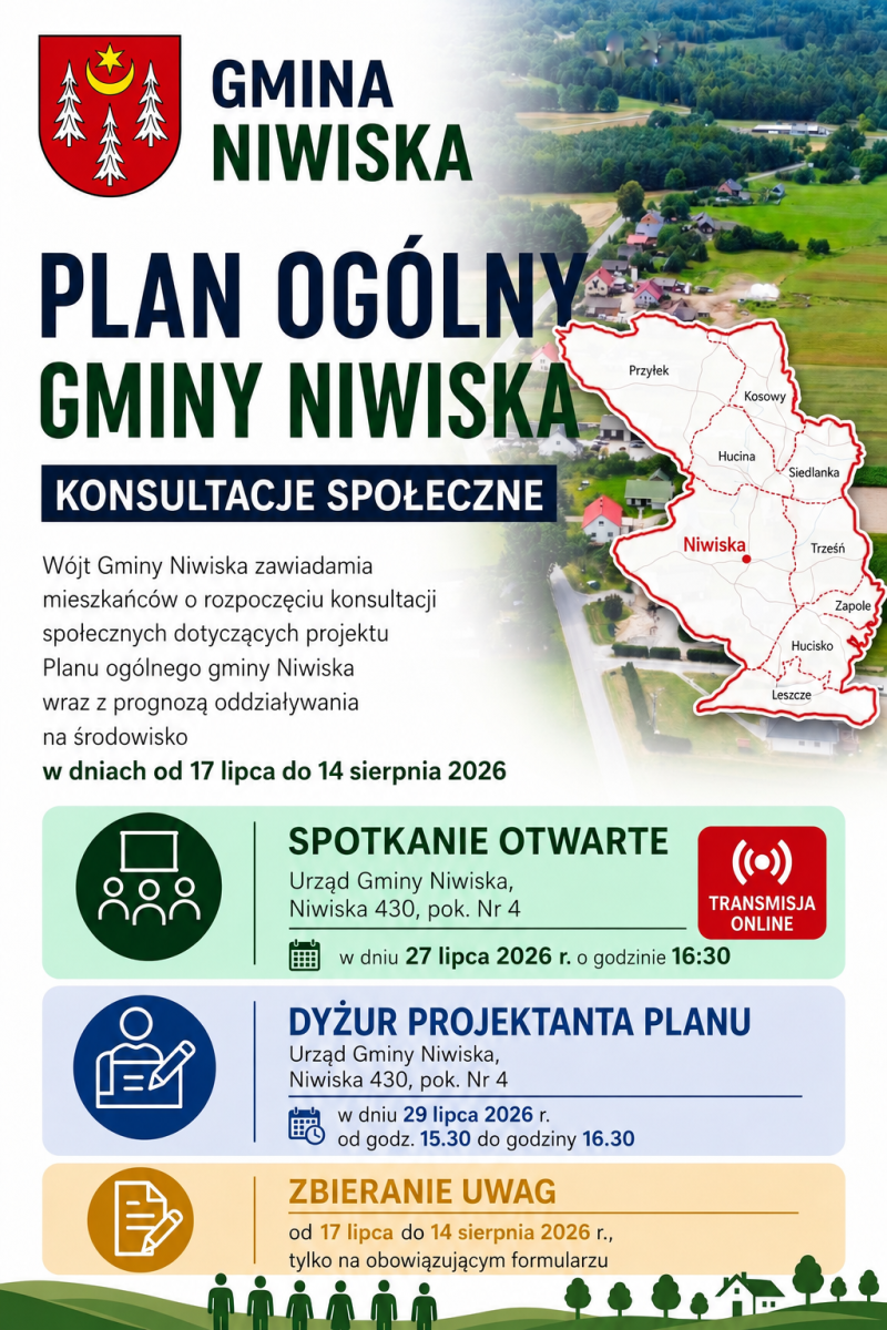 Spotkanie otwarte z transmisją ONLINE - konsultacje społeczne projektu planu ogólnego gminy Niwiska